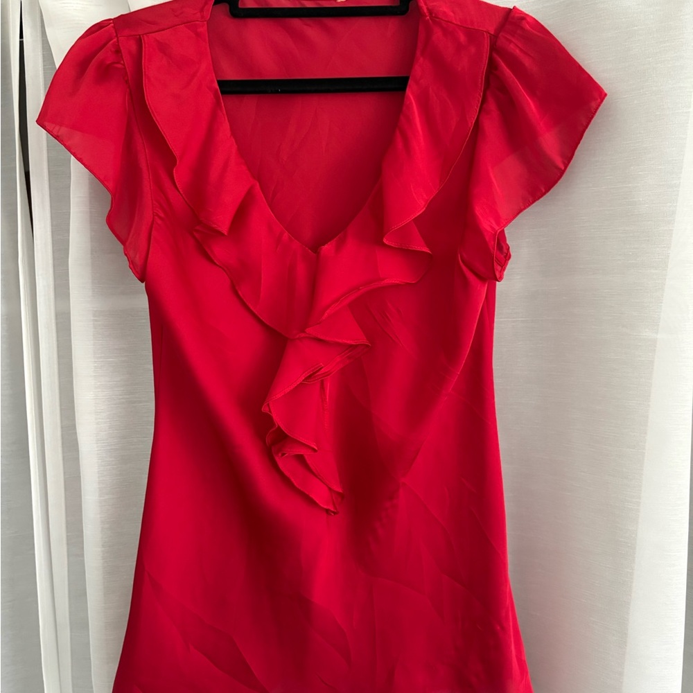 Cherry red satin ruffle blouse